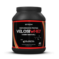Cherry Bakewell Flavoured Strom VelosiWHEY Protein powder with velositol for muscle repair, nutrition and recovery 40 serve | Stocked by Strom Sports Australia. Strom AU