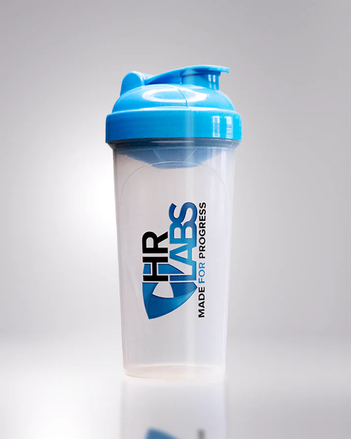 Clear protein shaker bottle with blue lid and HR Labs logo on a gray background Stocked by Strom Sports Nutrition Australia AU
