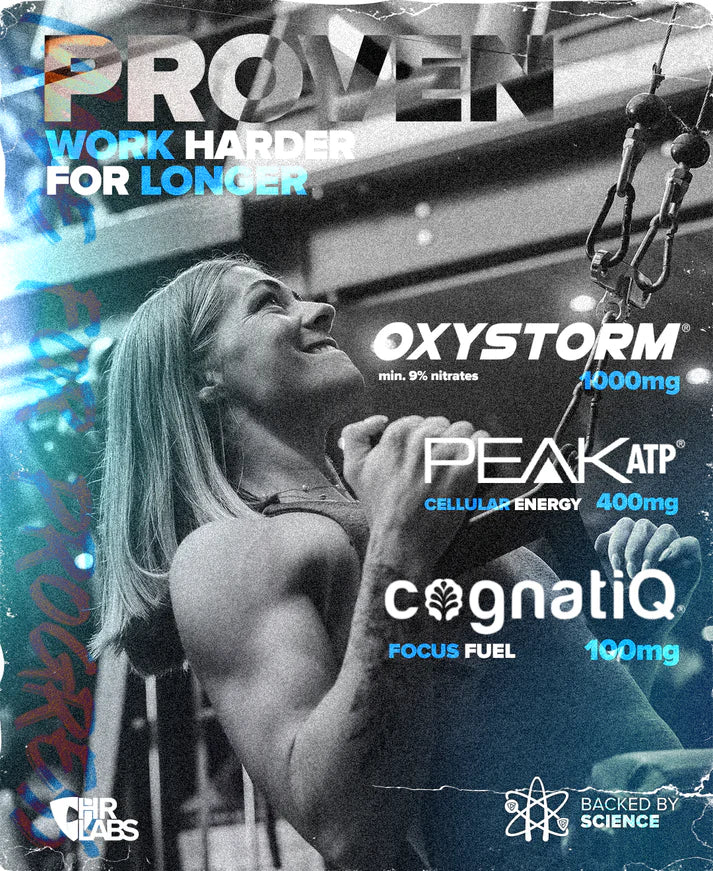 Woman lifting weights with supplement brand names overlaid on a blue and black background Proven Supplements Stocked by Strom Sports Supplements Australia
