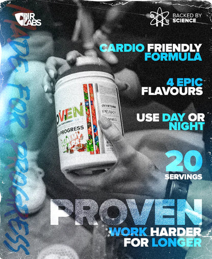 Promotional image of a Proven cardio friendly formula supplement container with text about flavours, servings, and brand messaging  | Strom Sports Supplements Australia 